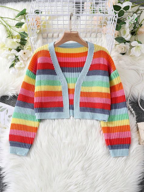 Girls Rainbow Stripe Colorblock Cardigan, Autumn/Winter Multicolor   Long Sleeve Knitwear   High Stretch  Tween Girls Clothing, size features are:Bust: ,Length: ,Sleeve Length: Rainbow Clothes, Colorblock Cardigan, Rainbow Cardigan, Crochet Kids, Rainbow Outfit, Color Block Cardigan, Girl Rainbow, Girls Cardigan, Printed Sleeveless Top