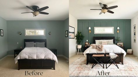 M's Master Makeover is finally here and the change is incredible! Master Green Bedroom Ideas, Shiplap Master Bedrooms Decor, Real Accent Wall, Wall Painting Ideas Master Bedrooms, Master Bedrooms With Wall Sconces, Deep Green Master Bed, How To Accent Wall Bedroom, Masterbed Room Accent Wall Ideas, Natural Eclectic Bedroom