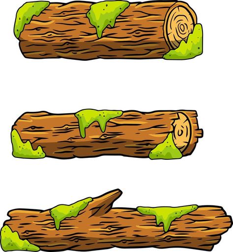 Vector brown log with green moss. Building wood material, natural element. Environment of forest. Set of cartoon illustration Moss Building, Log Illustration, Moss Drawing, Moss Illustration, Log Drawing, Cartoon Environment, Wood Cartoon, Forest Elements, Cartoon Forest