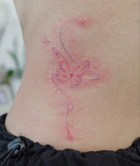 White And Pink Tattoo, Pink Tatoos Ideas, Minimalist Colored Tattoo, Pink Ink Tattoo, Pink Tattoo Ink, Pink Butterfly Tattoo, Pink Bow Tattoos, Green Tattoo, Kpop Tattoos