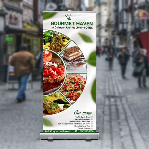 Gourmet Haven Restaurant Roll up banner and brochure design Restaurant Roll Up Banner Design, Lamb Chops Pan Seared, Restaurant Banner, Roll Up Banner Design, Banner Inspiration, Lemon Dill Sauce, Roll Up Design, Lemon Dill, Roll Up Banner