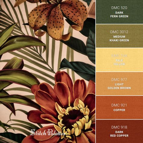 Floral Mural - Embroidery Color Palette (With Thread Codes) Rust Maroon Color Palette, Maroon Orange Color Palette, Rust Gold Color Palette, Green Rust Gold Color Palette, Maroon Gold Color Palette, Conifer Tattoo, Rust And Green Color Palette, Maroon Color Combinations, Rust Red Color Palette