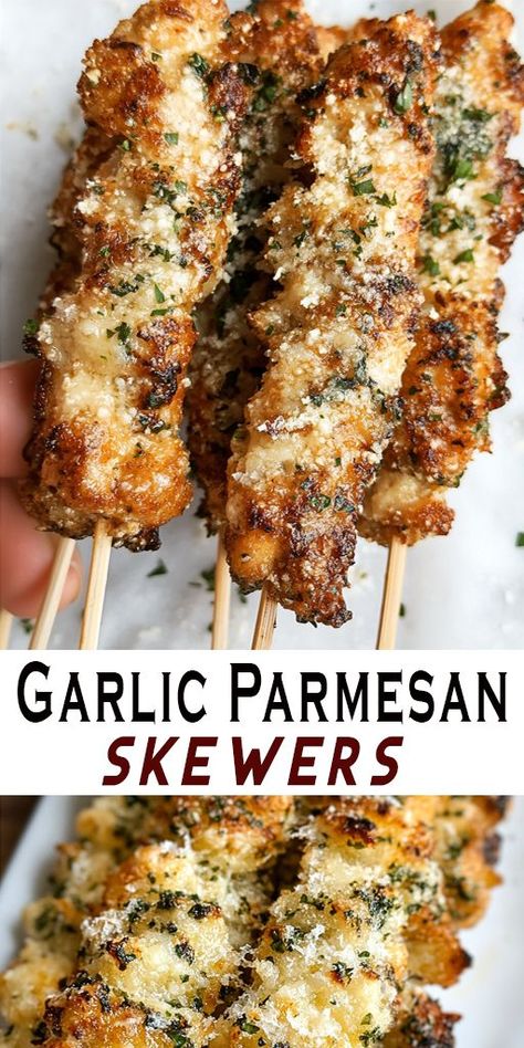 🔥 Fire up the grill! These Garlic Parmesan Skewers are loaded with cheesy, garlicky goodness 🧄🧀. Perfect for BBQs, parties, or a quick dinner idea. Pair them with a fresh salad for a complete meal 🍢💛. #BBQRecipes #EasyAppetizers #GrillNight #CheesyGoodness Shrimp On Skewers On Grill, Chicken Skewer Appetizer Recipes, Easy Meals On The Grill, Grill Skewer Recipes, Repass Food Ideas, Food For Party Ideas Dinners, Grilled Skewers Ideas, Easy Grill Meals, Garlic Parmesan Recipes