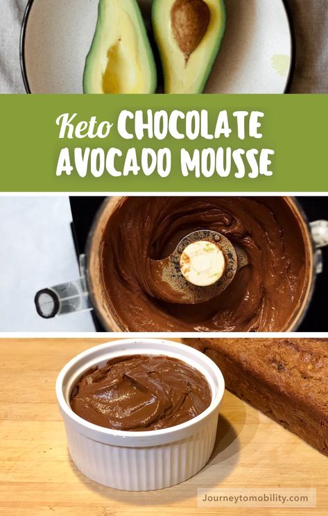 Even if you are not a fan of avocados but love yourself some chocolatey goodness, this recipe might be worth a try. You won't even notice the avocado! There are so many ways to enjoy this recipe.  This Keto Chocolate Avocado Mousse takes 5 minutes to make and it has SUCH a rich, creamy and satisfying texture -it’s also packed with nutrients.  Ingredients: Avocados, cocoa powder, Greek yogurt, nut milk, vanilla extract, sea salt, agave  See more healthy recipes at journeytomobility.com Avocado And Cocoa Powder, Avocado Cocoa Mousse, Avocado Mouse, Avocado Mousse Recipe, Chocolate Avocado Mousse, Postres Keto, Detoxifying Food, Avocado Mousse, Avocado Chocolate Mousse