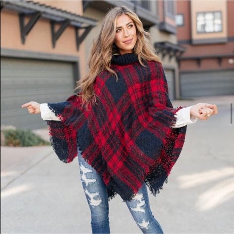 You're Going To Stay Classy All Season Long In This Gorgeous Plaid Poncho! Featuring A Classic Combination Of Off Dark Red & Navy Blue. It's A Knockout Look! It Features An Adorable Fringe Detail, Asymmetrical Hemline, Soft Knit Material, & A Comfy Turtleneck For A Fabulous Fall Look! Toss This Stylish Poncho On Over A Plain Long Sleeve Top, Black Leggings, And Classic Tall Boots! One Size Fits Most 100% Acrylic Relaxed Fit Excellent Gift Idea! Box: Bag: 28 / P050122 Turtle Neck Poncho, Poncho Outfit, Boho Poncho, Plaid Poncho, Red Turtleneck, Fringed Poncho, Poncho Tops, The Fringe, Crochet Poncho