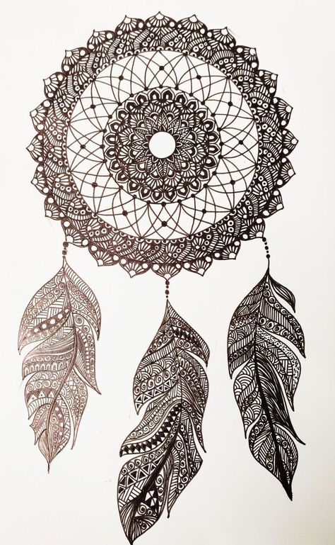 Dreamcatcher Mandala Art, Intricate Mandala Design, Mandala Dreamcatcher Drawing, Zentangle Dreamcatcher, Mistar Ornamen, Dream Catcher Mandala Art, Mandala Peacock, Atrapasueños Tattoo, Dreamcatcher Drawing