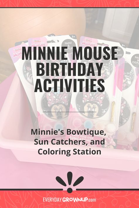 Instead of a dedicated schedule for this party, we created centers for kids to pick-and-choose what they wanted to do! And it ended up being the easiest and most put-together party I’ve ever done! https://everydaygrownup.com/minnie-mouse-birthday-party/ #MinnieMouseBirthday #3YearBirthday #MinniesBowtoons #PinkBirthday #GirlBirthdayParty #GirlParty #MinnieMouseFood #MinnieMouseCrafts #SunCatchers #EasyPartyPlanning#MinniesBowtique #ColoringStation Minnie Mouse Party Game, Minnie Mouse Craft Ideas, Minnie Mouse 2nd Birthday Party Games, Minnie Party Activities, Minnie Mouse Bowtique Birthday Party Ideas, Minnie Mouse Birthday Party Game Ideas, Minnie Mouse Party Activities, Oh Twodles Birthday Games, Minnie Mouse Birthday Party Activities