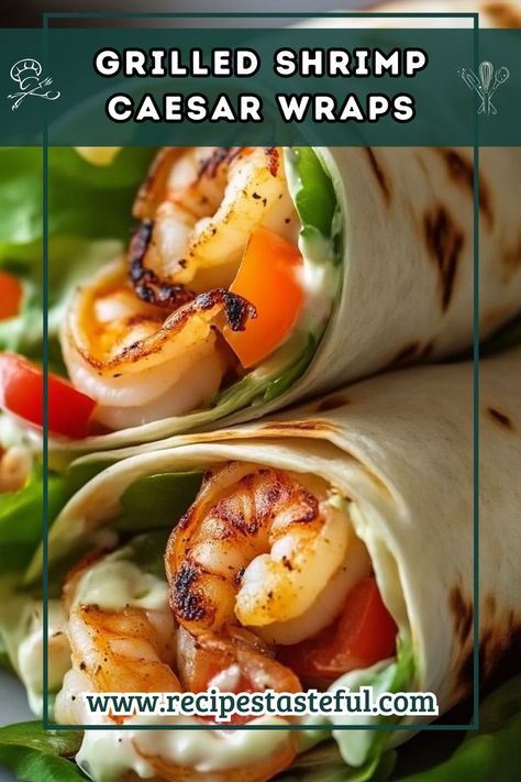 Indulge in these delicious Grilled Shrimp Caesar Wraps, packed with flavor and perfect for a quick meal. Marinated shrimp are grilled to perfection and wrapped with fresh romaine, cherry tomatoes, and a creamy Caesar dressing, all nestled in a warm tortilla. Shrimp Wraps Recipes, Shrimp Wrap, Creamy Caesar Dressing, Shrimp Wraps, Marinated Shrimp, Cold Pasta, Caesar Dressing, Quick Meal, Quick Weeknight Meals