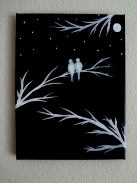 Black And White Acrylic Painting, Abstract Heart Painting, White Acrylic Painting, Vogel Silhouette, Black Canvas Paintings, Silhouette Canvas, Monogrammed Gifts, Heart Painting, Bird Silhouette