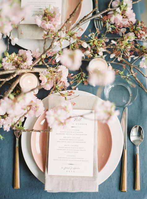 Cherry Blossom Table Setting! Gold Table Setting, Cherry Blossom Theme, Flowers And Candles, Cherry Blossom Wedding, Table Setting Inspiration, Boho Wedding Inspiration, Wedding Reception Tables, Spring Table, Wedding Decor Elegant