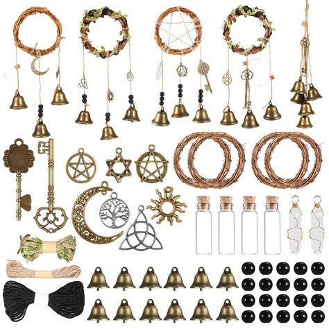 PRICES MAY VARY. Practical Witch Bell DIY Kit: there are 4 natural wreaths, 12 bells, 2 rolls of twines, 1 roll of leave twine, 3 pentagrams, 1 moon, 1 tree, 1 sun, 1 flower of life, 4 mini bottles, 2 metal keys, 2 white crystal and 20 pcs black beads, 54 pcs in all, which is a practical and thoughtful set that can meet your various demands, allowing you to create 4 to 5 sets of witchcraft decor Proper Size to Apply: the natural wreath is about 10 cm/ 3.9 inches in diameter, the bell is about 3. Diy Door Knobs, Witchcraft Decor, Handmade Door, Door Hangers Diy, Witch Wreath, Bedroom Garden, Natural Wreath, Witch Diy, House Bedroom