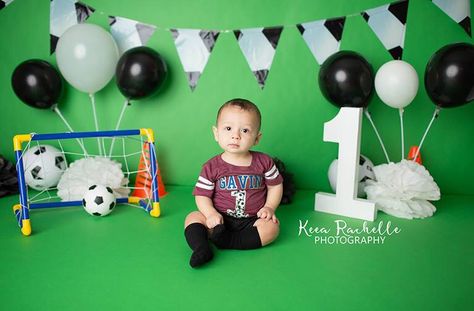 Soccer Birthday Photoshoot, 1st Birthday Football Theme Photoshoot, First Birthday Football Photo Shoot, Baby Soccer Photoshoot, Football Theme 1st Birthday Pictures, Baby Boy Soccer, 6 Month Baby Picture Ideas Boy, Boy Birthday Pictures, Football Theme Birthday