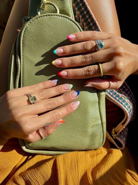 Multi Coloured Nails Tips, Almond Multi Colored French Tip Nails, Multi Color French Nails, Multi Coloured French Tips, French Tips Multi Color, Multicolour French Tips, Multi Colored French Tips, Different Colored Hands Nails, Multi Colored French Nails