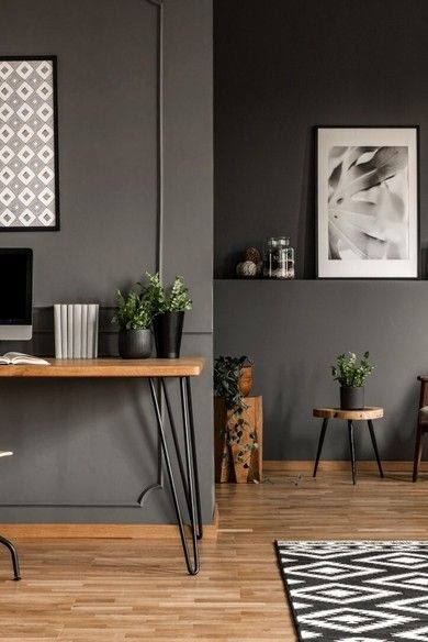 Gray Walls Interior Design, Office With Grey Walls, Slate Grey Walls, Dark Grey Accent Wall Office, Dark Grey Home Office, Home Office Grey Walls, Charcoal Entryway, Small Office Wall Colors, Gray Bonus Room