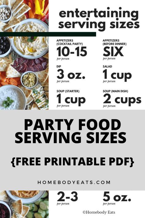 Ever wondered how much food to serve at a party? Here's the ultimate food quantity chart to help you serve the right amount of food at your next get together! This free guide will help you plan the exact amount of food so you can feed a crowd, but not be eating leftovers for days. No food waste, and no hungry guests. This is just the thing you need to help plan your next party! Party Food Serving Guide, Dinner Party Recipes Make Ahead, Dinner Party Recipes Elegant, Dinner Party Recipes Main, Healthy Dinner Party Recipes, Party Planning Food, Cocktail Party Appetizers, Entertaining Desserts, Holiday Entertaining Food