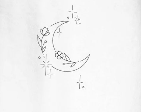 Delicate Moon And Stars Tattoo, Moon And Flower Tattoo Simple, Floral Moon And Stars Tattoo, Star And Flower Tattoos, Moon Tatoos Ideas, Moon And Butterfly Tattoo, Moon Butterfly Tattoo, Line Moon Tattoo, Moon Tattoos For Women