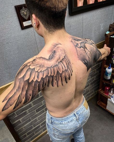 Bird Wings On Back Tattoo, Mens Back Tattoo Ideas Wings, Wing Tattoo Designs Men Back, Wings Tattoo Design On Back, Wing Tattoo Men Back, Back Tattoos For Guys Upper Wings, Back Wings Tattoo Men, Back Tattoos Wings, Tattoo Wings Back