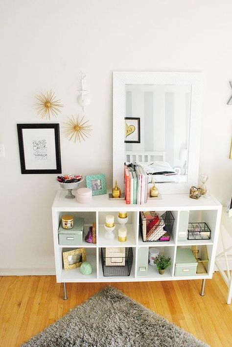 Mirror Hack, Ikea Kallax Shelf, Lauren Elizabeth, Ikea Mirror, Office Tour, Transforming Furniture, Apartment Office, Cube Shelves, Apartment Tour