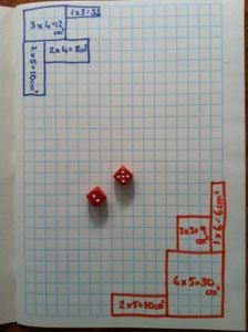 Area Dice Game.    "A game for 2 or 3 players.  Each player chooses a colour pencil they will use in the game.  Players take turns rolling the dice, using the numbers that they rolled to draw the perimeter of a rectangle or square & writing the area in the middle of the shape.  Game ends when players run out of room to draw.  Winner is the player who has used the largest area/most squares." Math College, Relief Teaching Ideas, Area And Perimeter, Math Measurement, Fourth Grade Math, Third Grade Math, Math Geometry, Math Workshop, 5th Grade Math