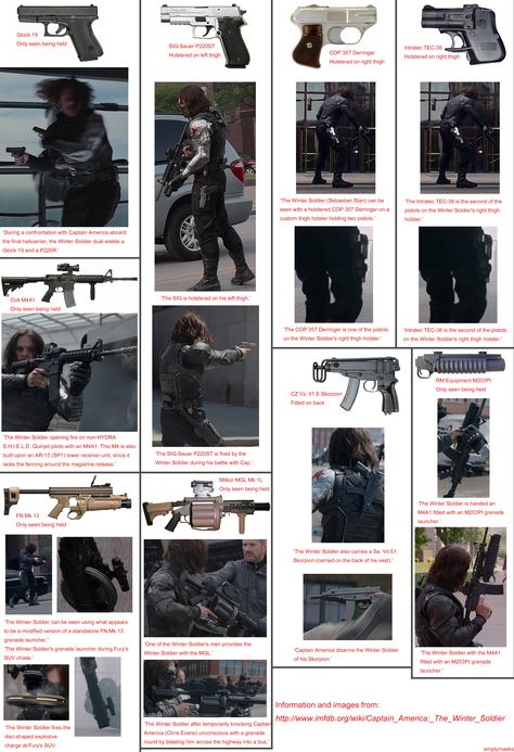 All the guns the Winter Soldier uses/carries in Captain America: The Winter Soldier Bucky Cosplay, Winter Soldier Wallpaper, Winter Soldier Costume, Winter Soldier Cosplay, Steve Rogers Bucky Barnes, Captain America The Winter Soldier, Marvel Costumes, Bucky And Steve, James Buchanan Barnes