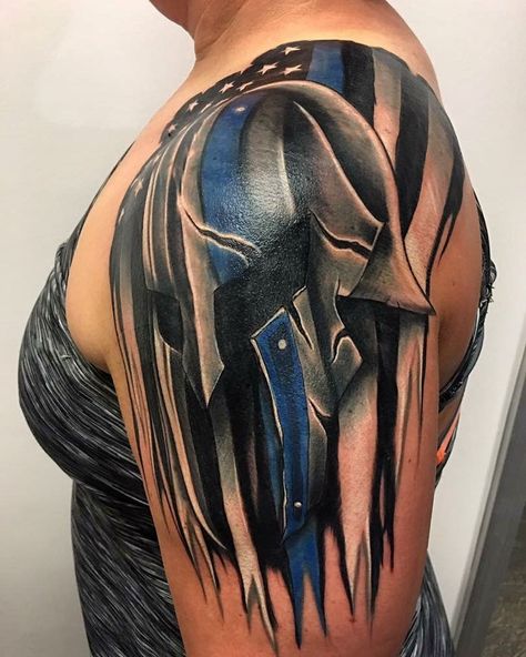 Spartan! Come see why we have been voted the top new theme studio in the country!! . BK Klev and Prison Break Tattoos 5306 Washington… Cop Tattoos, Spartan Helmet Tattoo, American Flag Sleeve Tattoo, Police Tattoo, Cover Up Tattoos For Men, Fire Fighter Tattoos, Brother Tattoos, Patriotic Tattoos, Geometric Tattoo Arm