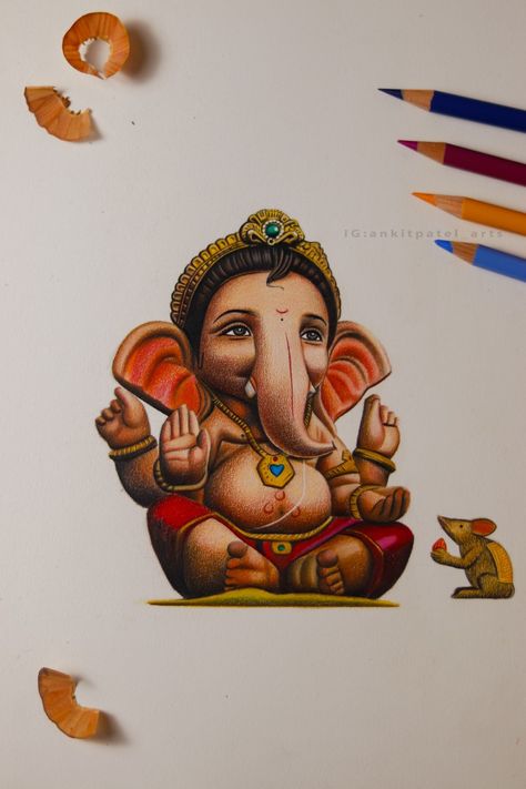 Drawing of lord Ganesha using colour pencils. Ganesh Colour Pencil Drawing, Ganesh Drawing, Colour Pencil Drawing, Pencil Photo, Shree Ganesh, Colour Pencil, Unique Drawings, Background Images Wallpapers, Small Drawings