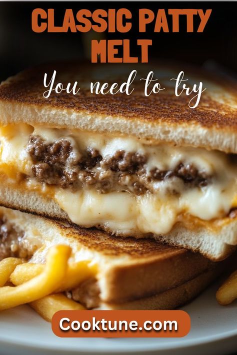 This Classic Patty Melt features juicy beef patties nestled between layers of melted cheddar and provolone cheese, all sandwiched between buttery rye bread. It's a delicious twist on the traditional burger, perfect for any meal! Homemade Patty Melt, Juicy Beef Burger Patty Recipe, Patty Melt Recipe, Cheese All, Melt Recipe, Beef Patties, Patty Melt, Beef Patty, Provolone Cheese