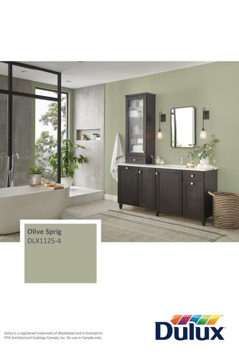 Dulux Green Paint, Dulux Bathroom Paint, Bathroom Paint Colours, Dulux Colour Schemes, Paint Colour Ideas, Trending Bathroom Colors, Olive Sprig, Green Bathrooms, Dulux Paint Colours