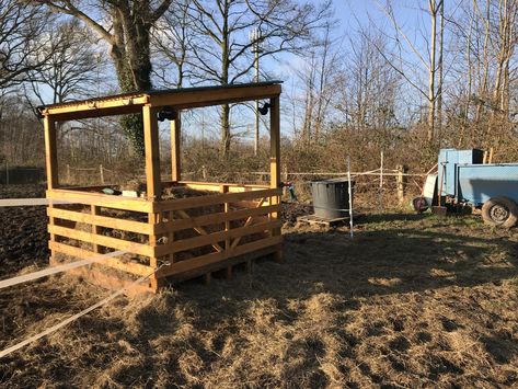 My DIY Hay Feeder! Its build in a way that it can be transported by a Euro Pallet fork. Love it! :D Horse Feeding Station, Diy Hay Feeder, Round Bale Feeder, Hay Feeder For Horses, Horse Hay, Euro Pallets, Hay Feeder, Feeding Station, Diy Cans