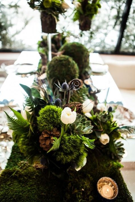 Part of 2nd round table centerpiece--moss base with mercury glass votives Enchanted Forest Decorations, Moss Wedding, Enchanted Forest Wedding, Enchanted Wedding, Forest Decor, Wedding Table Flowers, Forest Theme, Enchanted Garden, Wedding Tablescapes