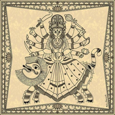 Mithila Art, Durga Pooja, Ancient Drawings, Bengali Art, Indian Arts, Durga Painting, Kerala Mural Painting, Kalamkari Painting, Hindu Festival