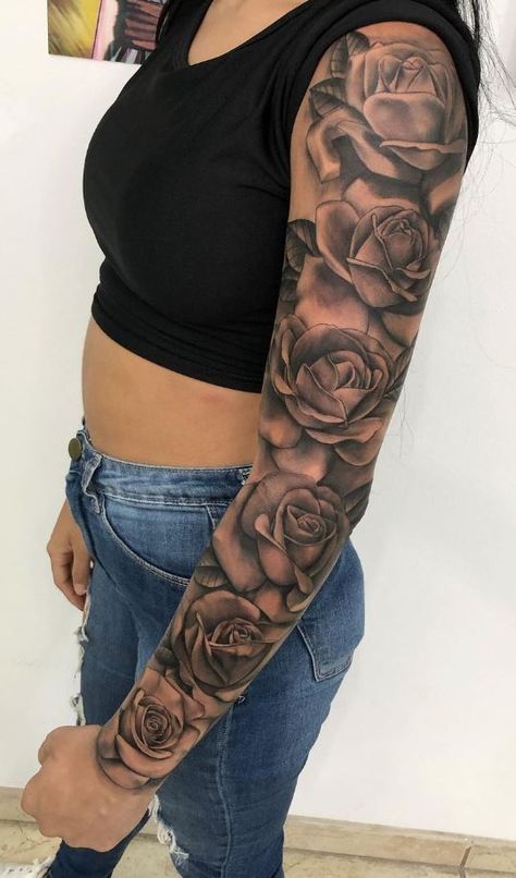 Tattoo Sleeve With Roses, Full Arm Sleeve Tattoos For Women Roses, Rose Arm Sleeve Tattoos For Women, Full Sleeve Tattoos Women Unique, Half Arm Sleeve Tattoo For Women, Full Arm Sleeve Tattoos For Women, Sleeve Flower Tattoo, Rose Sleeve Tattoo, Tattooed Female