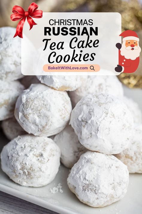 A pile of powder-sugar coated round cookies on a plate. Easy Foreign Desserts, Easy Russian Desserts, Foreign Desserts, Russian Sweets, Russian Tea Cakes Cookies, Russian Cookies, Tea Cookies Recipe, Russian Tea Cookies, Tea Cake Cookies