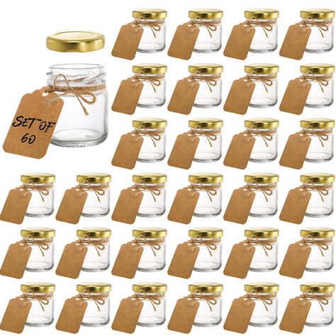 Kingrol 60 Pack 1.5 oz Glass Jars with Lids, Mini Mason Jars with Personalized Label Tags and String for Spices, Herbs, Jams, Crafts, Wedding Party Favors, Decor Mason Jar Mugs, Kraft Paper Tags, Anniversary Party Favors, Favour Jars, Canning Jam, Mini Mason Jars, Jars With Lids, Glass Jars With Lids, Clear Glass Jars