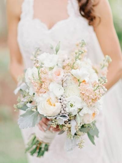 Elegant Horse Farm Wedding In The Mountains Peach Blush Wedding, Ivory Bridal Bouquet, Blush Bouquet Wedding, Peach Bouquet, Elegant Horse, White Bridal Bouquet, Horse Farm, White Wedding Flowers, Ivory Bridal