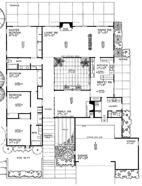 Japanese Courtyard House Plans, Eichler House, Farmer House, Central Atrium, Mid Century Modern House Plans, Atrium House, Atrium Design, Retro House, Dream Cabin