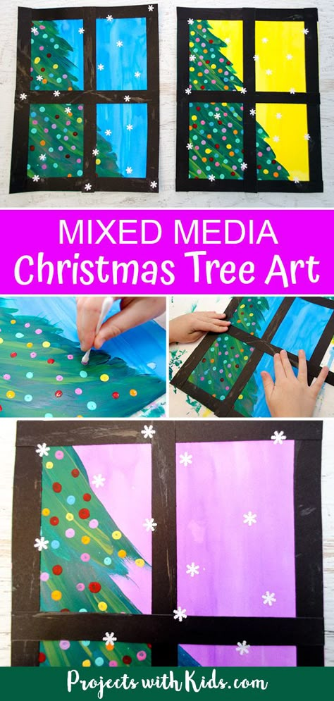 Kids will love creating this beautiful Christmas tree art project using a mixed media approach. Fun and easy techniques make this a wonderful Christmas craft activity! #projectswithkids #christmascrafts #kidsart Tree Art Project, Mixed Media Christmas, Christmas Art For Kids, Art Project For Kids, Christmas Art Projects, Christmas Arts And Crafts, Christmas Tree Art, Project For Kids, Harry Potter Crafts