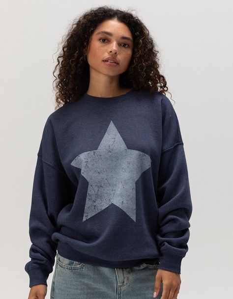 Rsq Star Crewneck Sweatshirt. Large Distressed Star Graphic Screened On Front. Ribbed Crew Neckline. Cuffed Long Sleeves And Hem. Fleece Lining. 52% Cotton, 48% Polyester. Machine Wash. Imported. Model Is Wearing A Size Small. Model Measurements:height: 5'7" Bust: 32cwaist: 24"hips: 35" Wwe T Shirts, Flannel Sweatshirt, Star Graphic, Graphic Trends, Hoodies For Women, Girls Graphic Tee, Girls Blouse, Sweaters And Jeans, Puff Sleeve Top