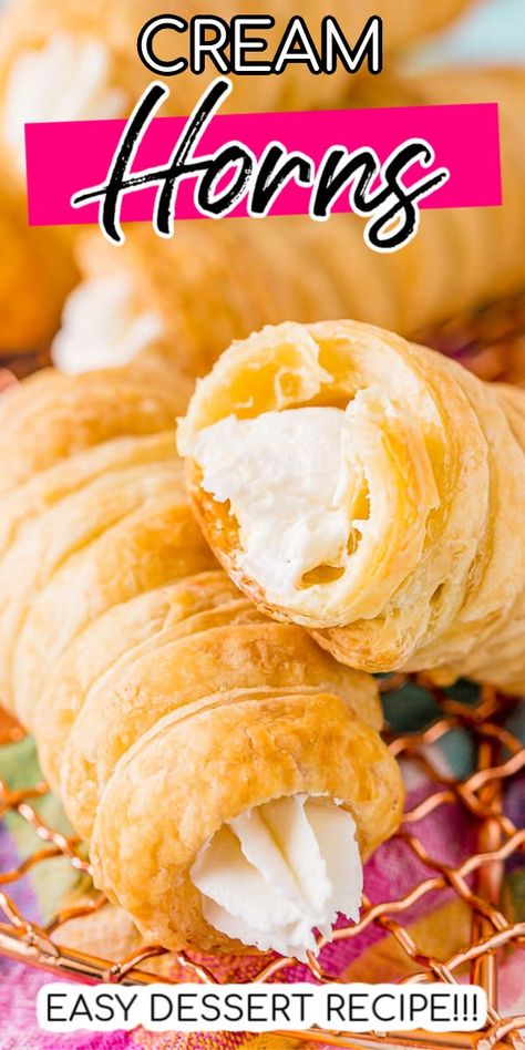 Creme Horns, Cream Horns Recipe, Lady Locks, Phyllo Recipes, Cream Horn, Pepperidge Farm Puff Pastry, Puff Pastries, Cream Horns, Easy Puff Pastry