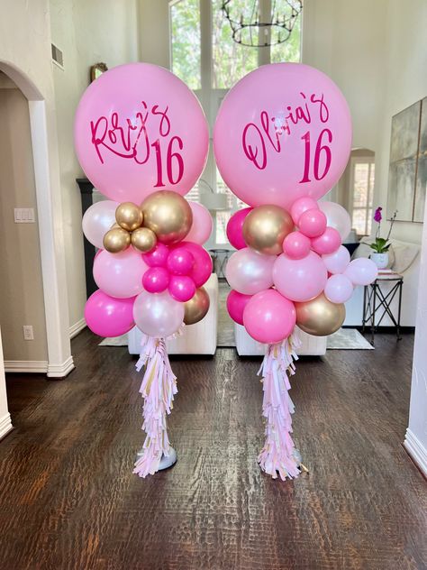 Barbie Balloon Centerpieces Ideas, Bar Balloon Decoration, Barbie Balloon Columns, Sweet 16 Balloon Garland, Balloon Columns Ideas Birthday, Pink Balloon Columns, Sweet 16 Balloon Columns, Barbie Balloon Bouquet, Sweet 16 Balloon Arch