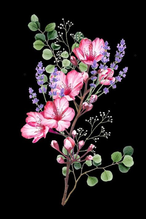 cherry blossom branch, lavender, baby's breath, and silver dollar eucalyptus flower arrangement. floral tattoo design inspiration. Cherry Blossom And Lavender Tattoo, Flower Arrangement Tattoo, Eucalyptus Flower Arrangement, Eucalyptus Tattoo, Bird Of Paradise Tattoo, Eucalyptus Flower, Lavender Tattoo, Branch Tattoo, Dollar Eucalyptus