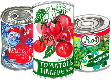 #henniehaworth #digital #chalk #pen #ink #line #loose #decorative #stylised #textured #tomatoes #tins #peas #sardines #food #meiklejohn #illustration Los Angeles Illustration, Recipe Book Printables, Food Png, Food Painting, Illustration Food, Food Drawing, Canned Food, Illustration Inspiration, Cool Animations