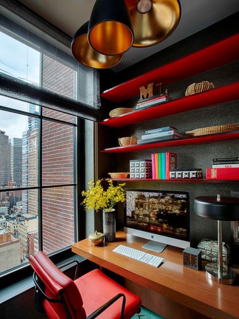 Office With Red Accents, Brown Accent Wall, Red Shelves, Red Office, Colour Themes, Office Pictures, New York City Apartment, Stylish Desk, Office Chic