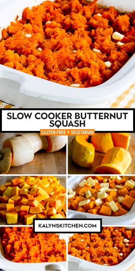 This four-ingredient Slow Cooker Butternut Squash is a delicious buttery side dish that's perfect to make for a crowd. If you enjoy butternut squash you'll love this method of cooking it in the slow cooker, and if you're not cooking for a crowd, just make it for the family and have butternut squash to reheat later. [found on KalynsKitchen.com] #SlowCookerButternutSquash #CrockPotButternutSquash #ButteryButternutSquash Butter Squash Recipe, Slow Cooker Holiday Recipes, Slow Cooker Butternut Squash, Bread Machines, Low Glycemic Foods, Slow Cooker Vegetarian, Meatless Recipes, South Beach Diet, Butternut Squash Recipes