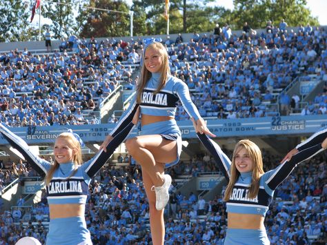 UNC Cheerleaders Unc College, College Cheerleading, Carolina Football, College Cheer, Unc Chapel Hill, Football Cheerleaders, Cheerleader Girl, Cheer Squad, Unc Tarheels