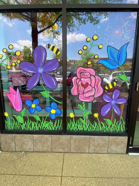 Floral Window Painting, Spring Window Painting Ideas Easy, Spring Window Painting Ideas, Summer Window Painting, Spring Window Painting, Window Art Ideas, Classroom Window Decorations, Easter Window Decorations, Spring Window Display