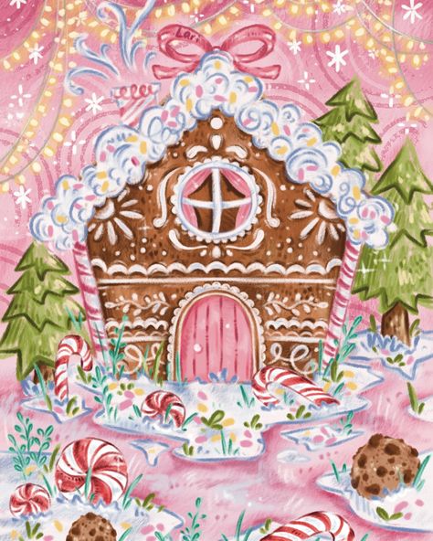 Gingerbread House - Pink Vibes Swipe to see the sketch #gingerbread #winter #christmas #postcard #illustration #procreate #snailmail #penpal Gingerbread House Sketch, Candy House Illustration, Aesthetic Gingerbread House, Postcard Sketch, Gingerbread House Drawing, Gingerbread House Painting, Gingerbread House Illustration, Gingerbread Illustration, Gingerbread House Art