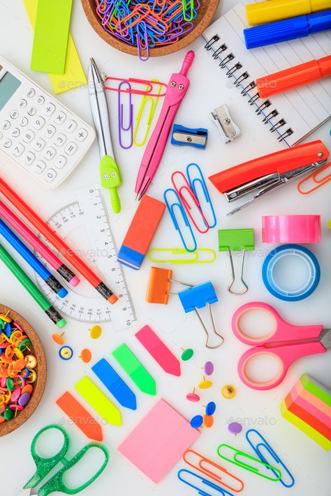 School supplies on white desk. Kids creativity flat lay by rawf8. School office supplies flat lay on white background, top view. Business stationery, student desk concept, vertical #Sponsored #flat, #creativity, #lay, #Kids Back To School Flatlay, Chrome Photography, Desktop Planner, Desk Kids, Colorful Stationery, Student Desk, Desk Stationery, Shop Photography, White Desk