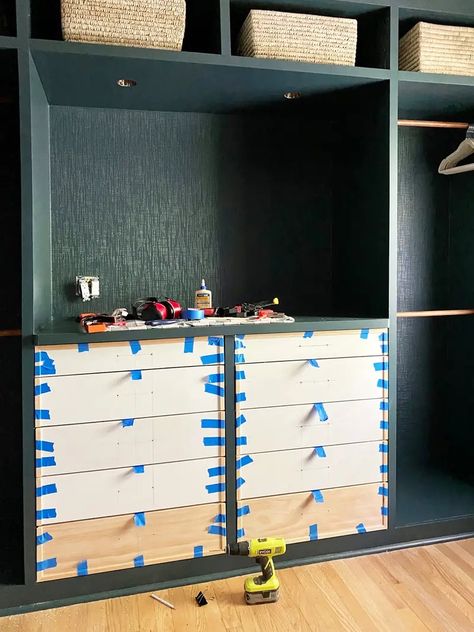 This Green Walk-In Closet in Chicago Only Cost $4,000 | domino Ikea Pax System, Walk In Closet Ikea, Ikea Pax Closet, Pax Closet, Pax System, Built In Dresser, Ikea Closet, Ikea Pax Wardrobe, Closet Hacks