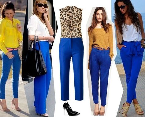 Blue Pants Outfit Work, Royal Blue Pants Outfit, Blue Pants Outfit, Royal Blue Outfits, Mode Ab 50, Royal Blue Pants, Colour Combinations Fashion, Look Office, Color Combos Outfit